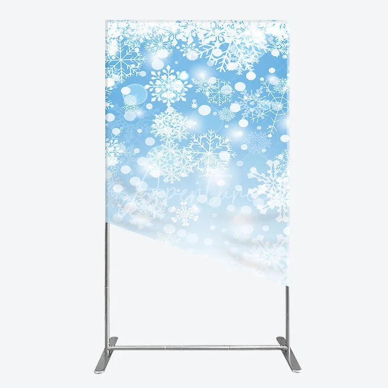 Aperturee - Aperturee Sparkling White Snowflakes and Bokeh Lights on Light Blue Rectangle Arch Backdrop Winter Holiday Party Decor
