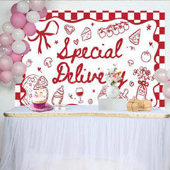Aperturee - Aperturee Special Delivery Pizza Theme Baby Shower Backdrop Red Checkered Italian Food Party Decoration