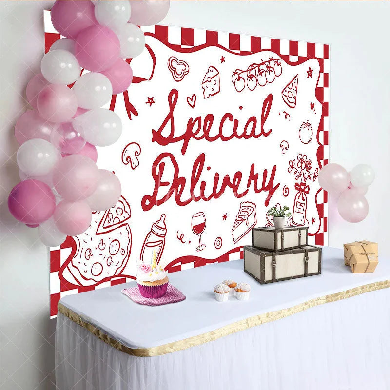 Aperturee - Aperturee Special Delivery Pizza Theme Baby Shower Backdrop Red Checkered Italian Food Party Decoration