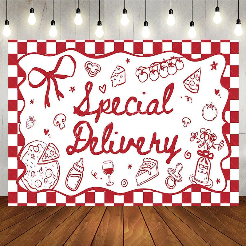 Aperturee - Aperturee Special Delivery Pizza Theme Baby Shower Backdrop Red Checkered Italian Food Party Decoration
