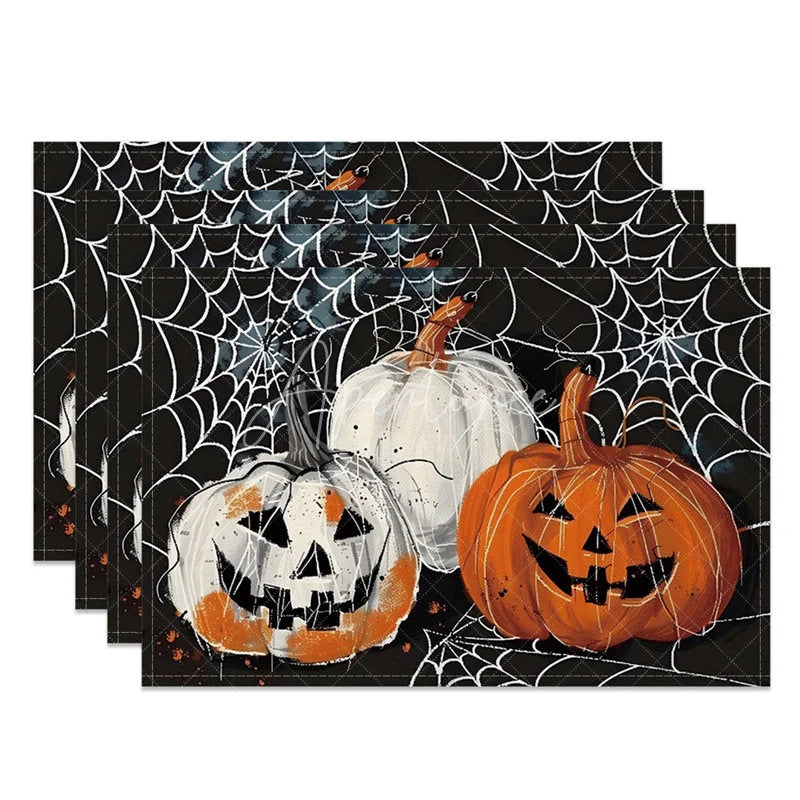 Aperturee - Aperturee Spiderweb and Jack-O’-Lantern Halloween Set of 4 Placemats for Spooky Holiday Party and Dining Decor