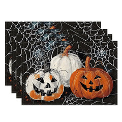 Aperturee - Aperturee Spiderweb and Jack-O’-Lantern Halloween Set of 4 Placemats for Spooky Holiday Party and Dining Decor