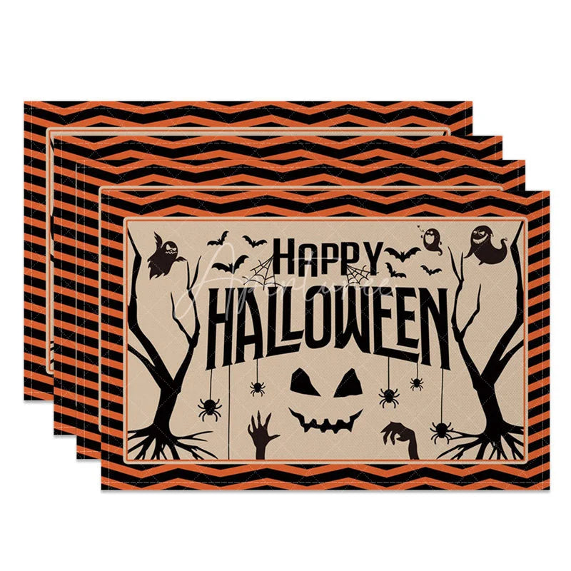 Aperturee - Aperturee Spooky Bat Halloween Set of 4 Placemats with Black and Orange Frame for Holiday Party Decorations