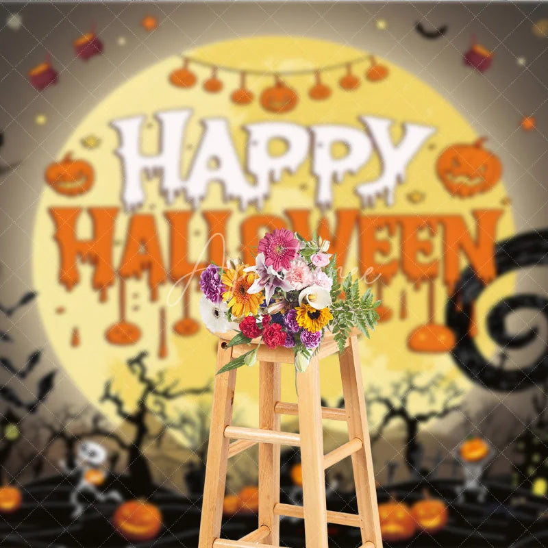 Aperturee - Aperturee Spooky Black and Orange Happy Halloween Holiday Backdrop featuring a Glowing Full Moon and Playful Skeletons