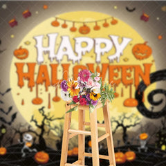 Aperturee - Aperturee Spooky Black and Orange Happy Halloween Holiday Backdrop featuring a Glowing Full Moon and Playful Skeletons