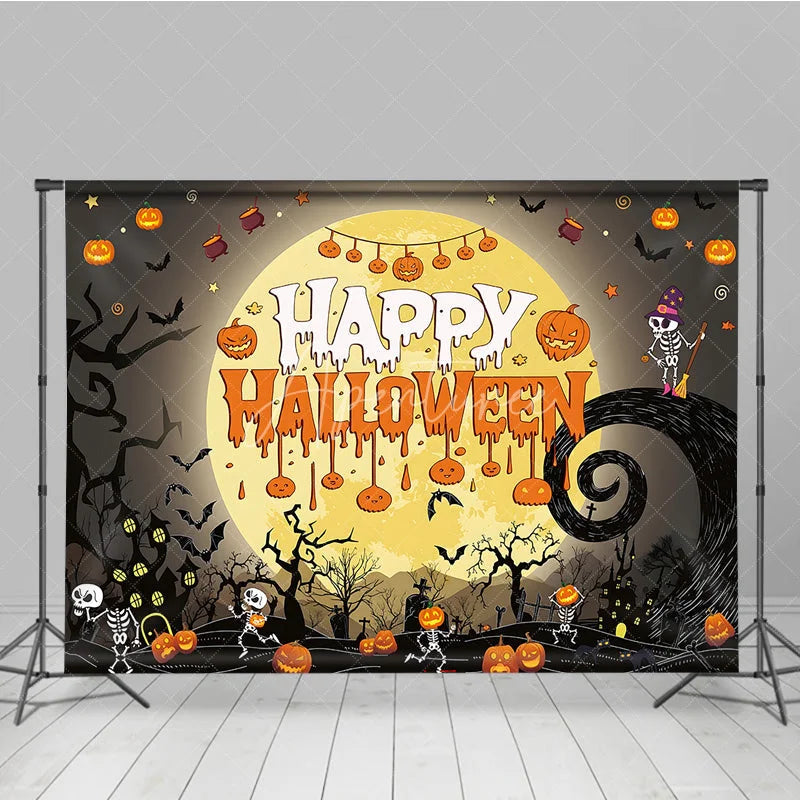 Aperturee - Aperturee Spooky Black and Orange Happy Halloween Holiday Backdrop featuring a Glowing Full Moon and Playful Skeletons