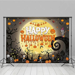 Aperturee - Aperturee Spooky Black and Orange Happy Halloween Holiday Backdrop featuring a Glowing Full Moon and Playful Skeletons