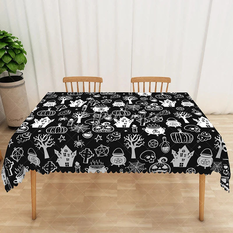 Aperturee - Aperturee Spooky Black Halloween Rectangle Tablecloth with Bats and Spider Webs for Gothic and Haunted House Dining Decor
