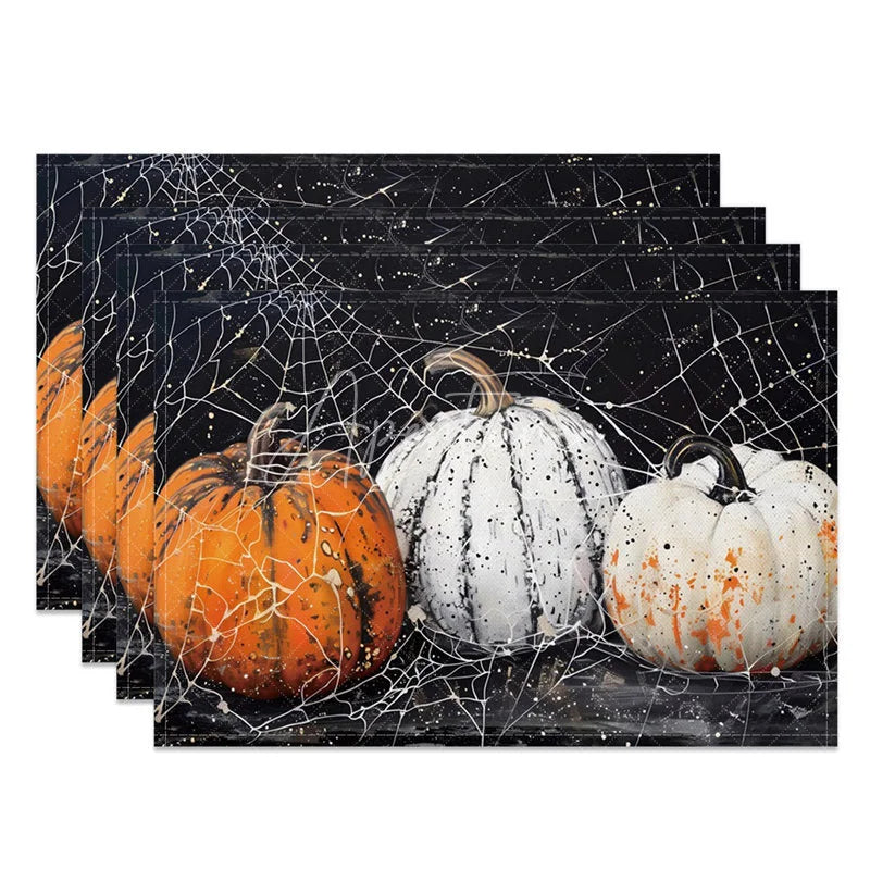 Aperturee - Aperturee Spooky Black Pumpkin and Spiderweb Halloween Set of 4 Placemats for Gothic and Haunted House Decor