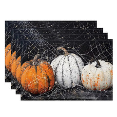 Aperturee - Aperturee Spooky Black Pumpkin and Spiderweb Halloween Set of 4 Placemats for Gothic and Haunted House Decor