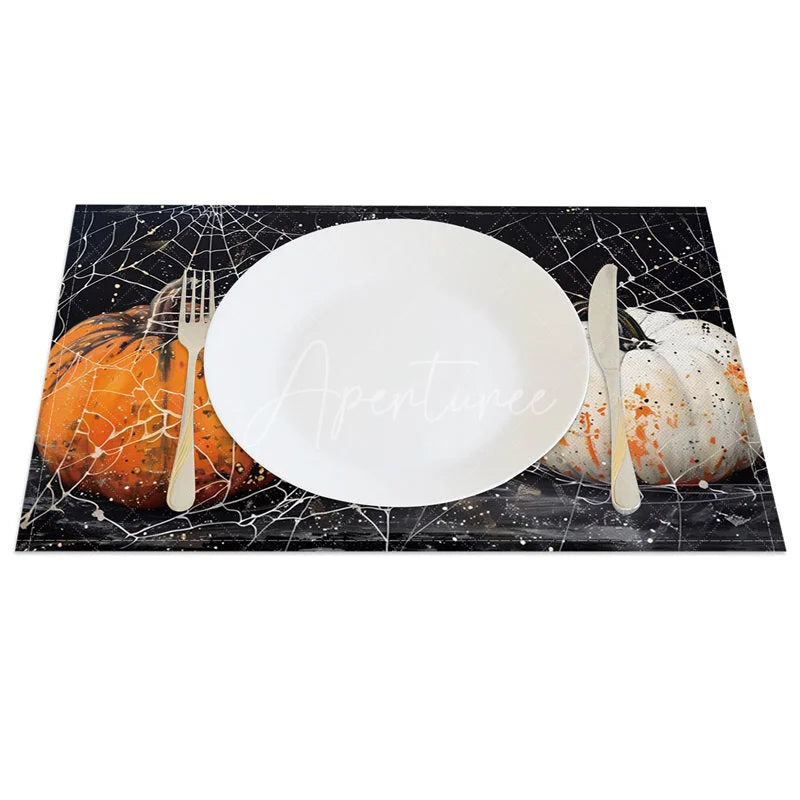 Aperturee - Aperturee Spooky Black Pumpkin and Spiderweb Halloween Set of 4 Placemats for Gothic and Haunted House Decor