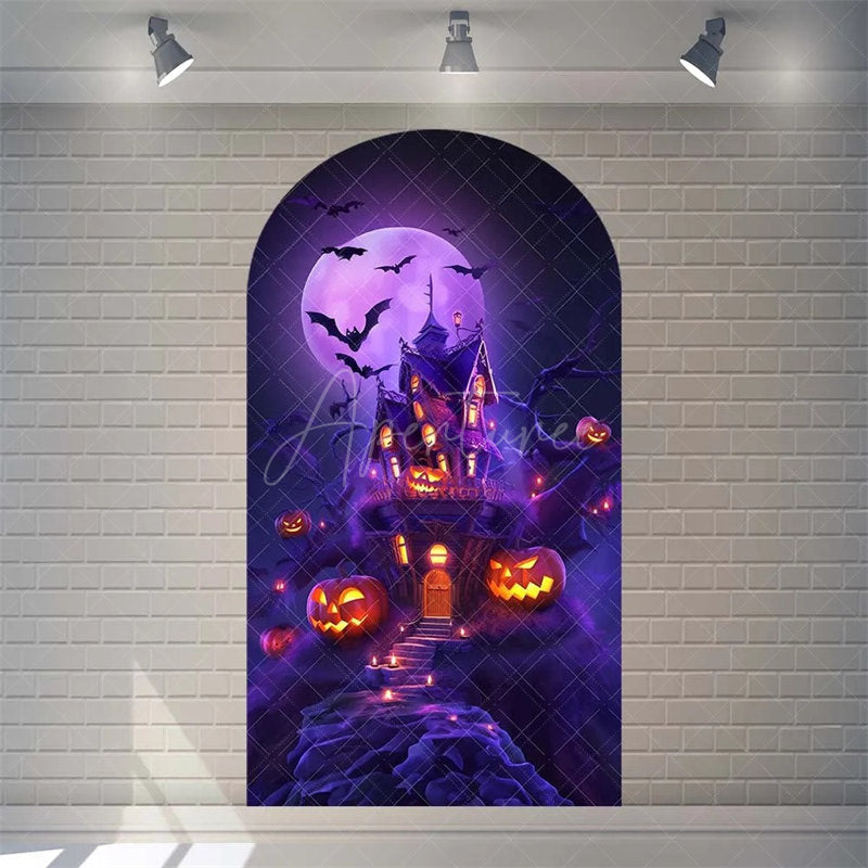 Aperturee - Aperturee Spooky Castle Halloween Arch Backdrop Haunted Party Decor with Bat Spider Web Happy Halloween Photo Prop for Indoor