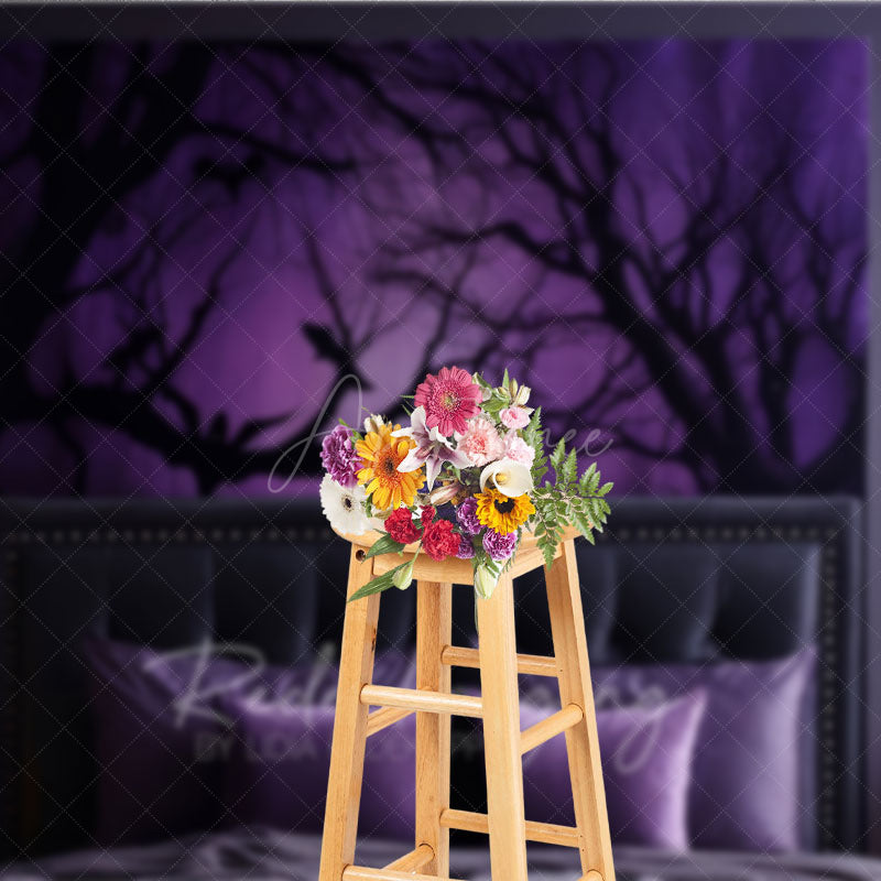 Aperturee Aperturee Spooky Forest Wall Art Photography Backdrop Purple Halloween Scene with Bats Dark Moody Bedroom Photo Prop