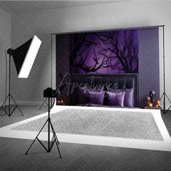 Aperturee Aperturee Spooky Forest Wall Art Photography Backdrop Purple Halloween Scene with Bats Dark Moody Bedroom Photo Prop