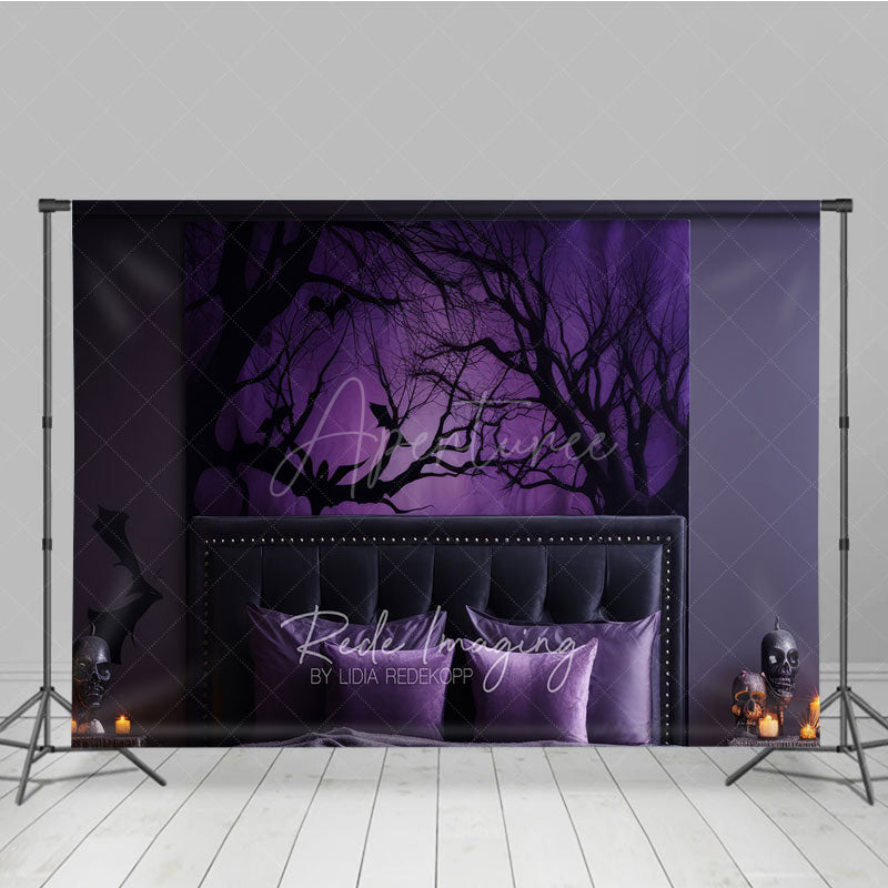 Aperturee Aperturee Spooky Forest Wall Art Photography Backdrop Purple Halloween Scene with Bats Dark Moody Bedroom Photo Prop