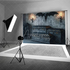 Aperturee - Aperturee Spooky Gothic Vampire Coffin and Skull Holiday Backdrop Dark Haunted Castle Theme Party Decor with Candles