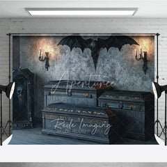 Aperturee - Aperturee Spooky Gothic Vampire Coffin and Skull Holiday Backdrop Dark Haunted Castle Theme Party Decor with Candles