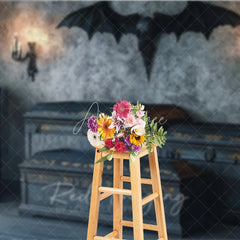 Aperturee - Aperturee Spooky Gothic Vampire Coffin and Skull Holiday Backdrop Dark Haunted Castle Theme Party Decor with Candles