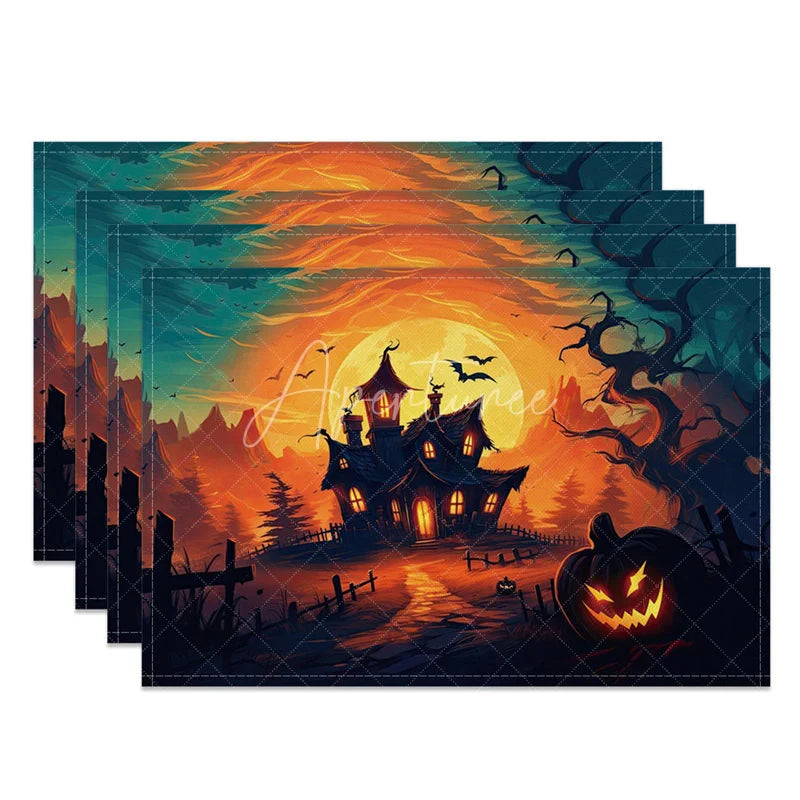 Aperturee - Aperturee Spooky Halloween Bats and Jack-O’-Lantern Set of 4 Placemats for Haunted House Party and Holiday Dining