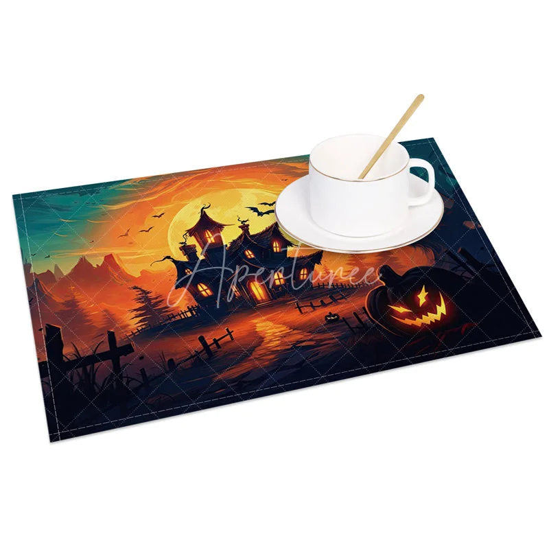 Aperturee - Aperturee Spooky Halloween Bats and Jack-O’-Lantern Set of 4 Placemats for Haunted House Party and Holiday Dining