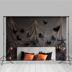 Aperturee Aperturee Spooky Halloween Bedroom Photography Backdrop Headboard with Gauze Spiderwebs and Bats Haunted House Photo Prop