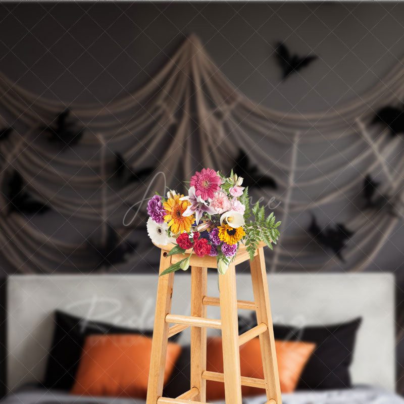 Aperturee Aperturee Spooky Halloween Bedroom Photography Backdrop Headboard with Gauze Spiderwebs and Bats Haunted House Photo Prop