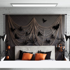 Aperturee Aperturee Spooky Halloween Bedroom Photography Backdrop Headboard with Gauze Spiderwebs and Bats Haunted House Photo Prop