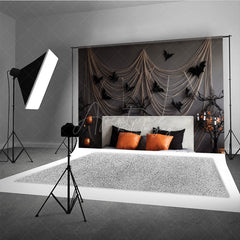 Aperturee Aperturee Spooky Halloween Bedroom Photography Backdrop Headboard with Gauze Spiderwebs and Bats Haunted House Photo Prop