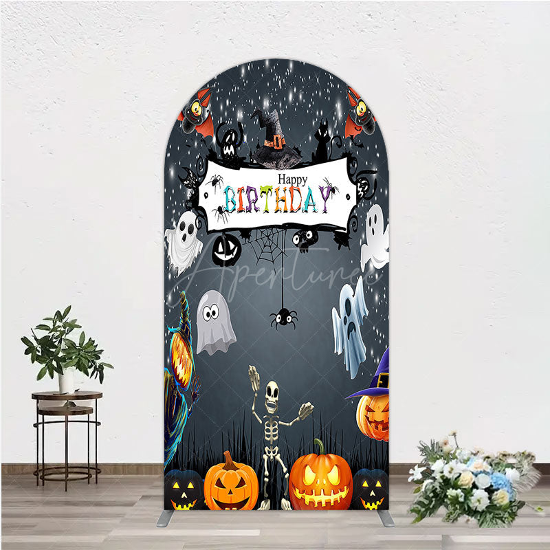 Aperturee - Aperturee Spooky Halloween Birthday Arch Backdrop Cute Ghost Skeleton and Pumpkin A Little Boo is Due Party Decor