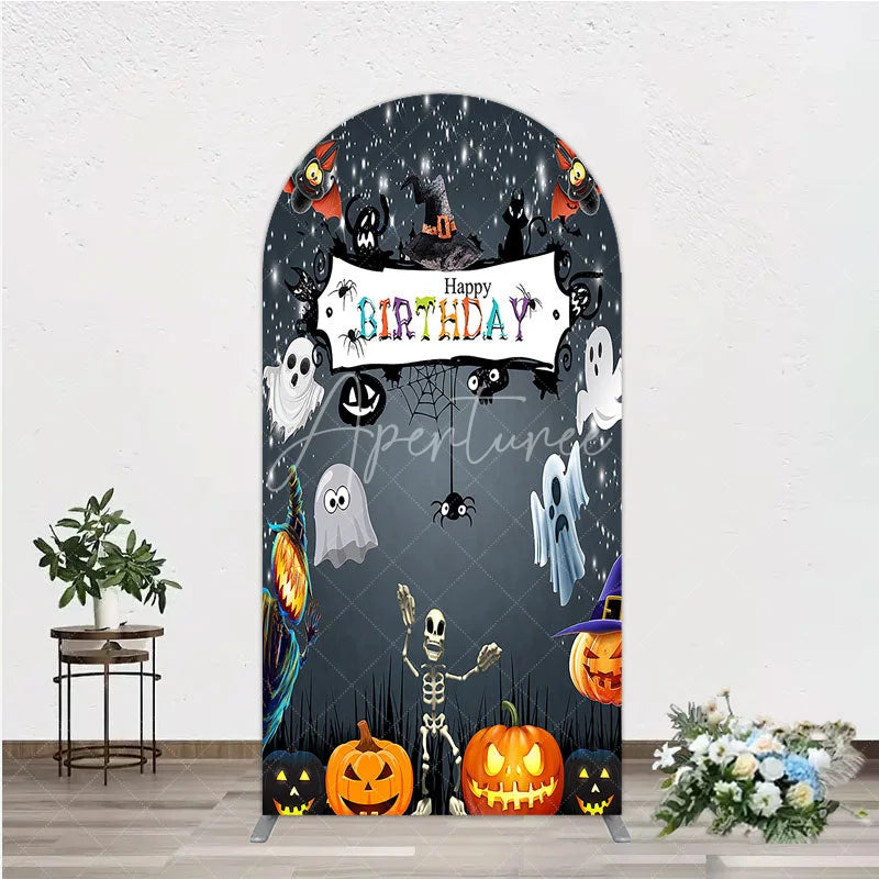 Aperturee - Aperturee Spooky Halloween Birthday Arch Backdrop Cute Ghost Skeleton and Pumpkin A Little Boo is Due Party Decor