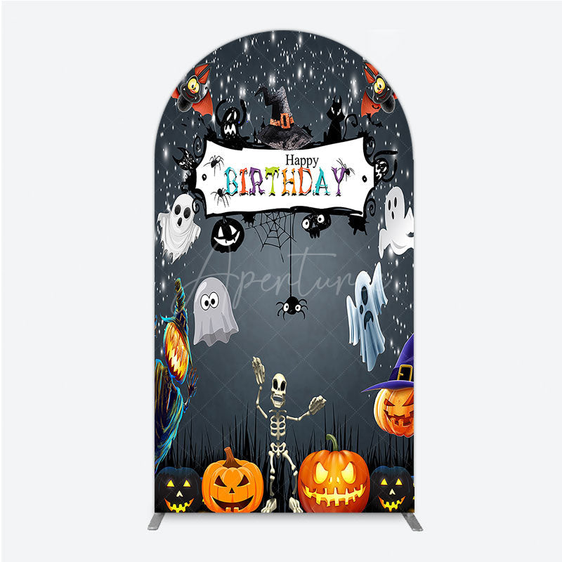 Aperturee - Aperturee Spooky Halloween Birthday Arch Backdrop Cute Ghost Skeleton and Pumpkin A Little Boo is Due Party Decor