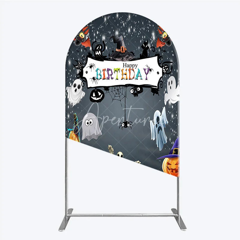 Aperturee - Aperturee Spooky Halloween Birthday Arch Backdrop Cute Ghost Skeleton and Pumpkin A Little Boo is Due Party Decor