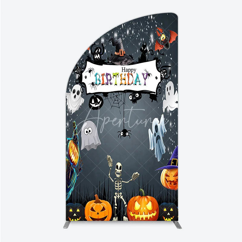 Aperturee - Aperturee Spooky Halloween Birthday Half Moon Arch Backdrop Cute Ghost Skeleton and Pumpkin A Little Boo is Due Party Decor