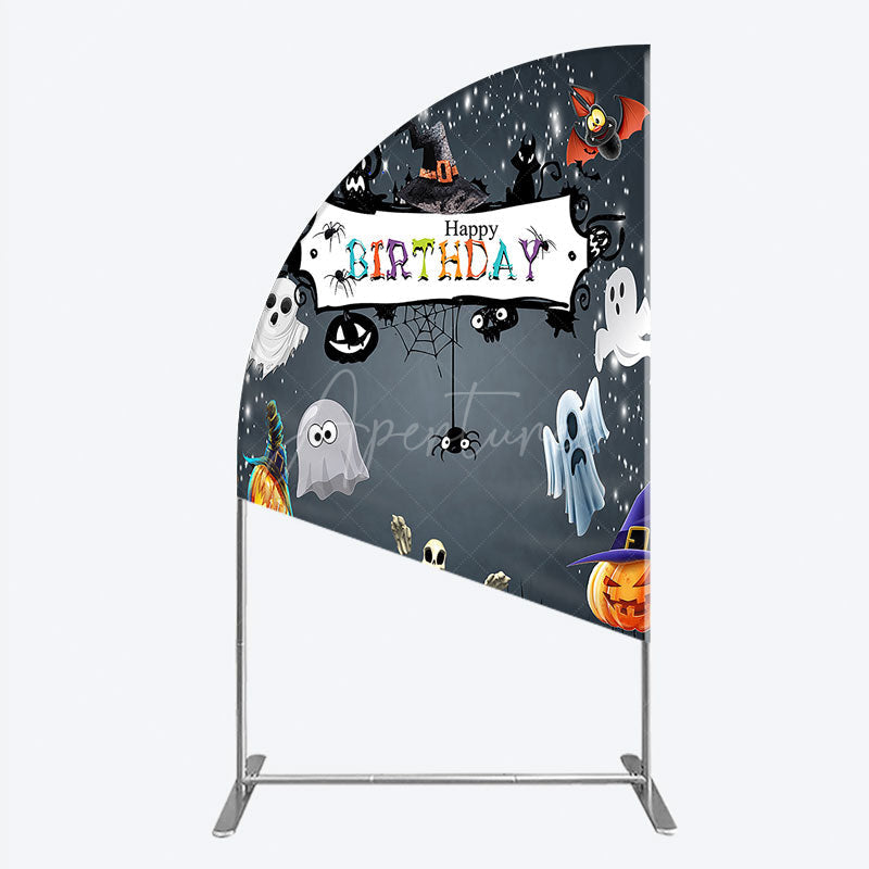 Aperturee - Aperturee Spooky Halloween Birthday Half Moon Arch Backdrop Cute Ghost Skeleton and Pumpkin A Little Boo is Due Party Decor