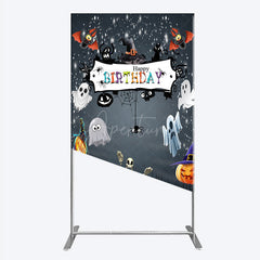 Aperturee - Aperturee Spooky Halloween Birthday Rectangle Backdrop Cute Ghost Skeleton and Pumpkin A Little Boo is Due Party Decor