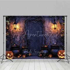 Aperturee - Aperturee Spooky Halloween Door Holiday Backdrop Featuring Glowing Jack-o-Lanterns Cauldrons and Twisted Vines