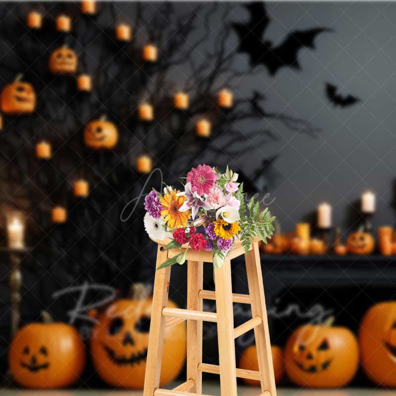Aperturee Aperturee Spooky Halloween Fireplace Photography Backdrop Mantel with Jack O’ Lanterns and Candles Gothic Bats Wall Decor