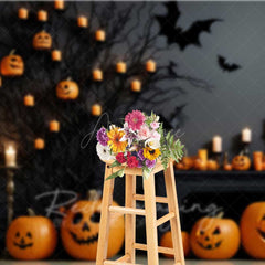 Aperturee Aperturee Spooky Halloween Fireplace Photography Backdrop Mantel with Jack O’ Lanterns and Candles Gothic Bats Wall Decor