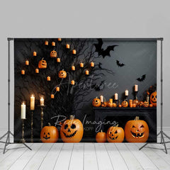 Aperturee Aperturee Spooky Halloween Fireplace Photography Backdrop Mantel with Jack O’ Lanterns and Candles Gothic Bats Wall Decor