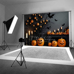 Aperturee Aperturee Spooky Halloween Fireplace Photography Backdrop Mantel with Jack O’ Lanterns and Candles Gothic Bats Wall Decor