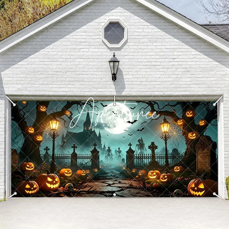 Aperturee - Aperturee Spooky Halloween Graveyard Garage Door Banner with Full Moon Bats Jack-o’-Lanterns and Skeletons Haunted Night Decor