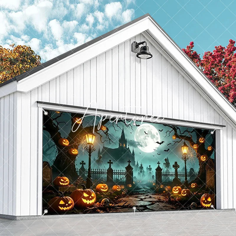 Aperturee - Aperturee Spooky Halloween Graveyard Garage Door Banner with Full Moon Bats Jack-o’-Lanterns and Skeletons Haunted Night Decor