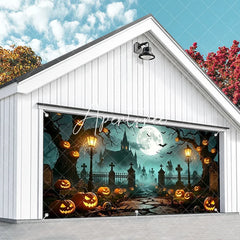 Aperturee - Aperturee Spooky Halloween Graveyard Garage Door Banner with Full Moon Bats Jack-o’-Lanterns and Skeletons Haunted Night Decor
