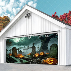 Aperturee - Aperturee Spooky Halloween Graveyard Garage Door Banner with Glowing Jack-o-Lanterns Skeletons and Full Moon