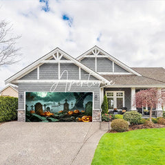 Aperturee - Aperturee Spooky Halloween Graveyard Garage Door Banner with Glowing Jack-o-Lanterns Skeletons and Full Moon