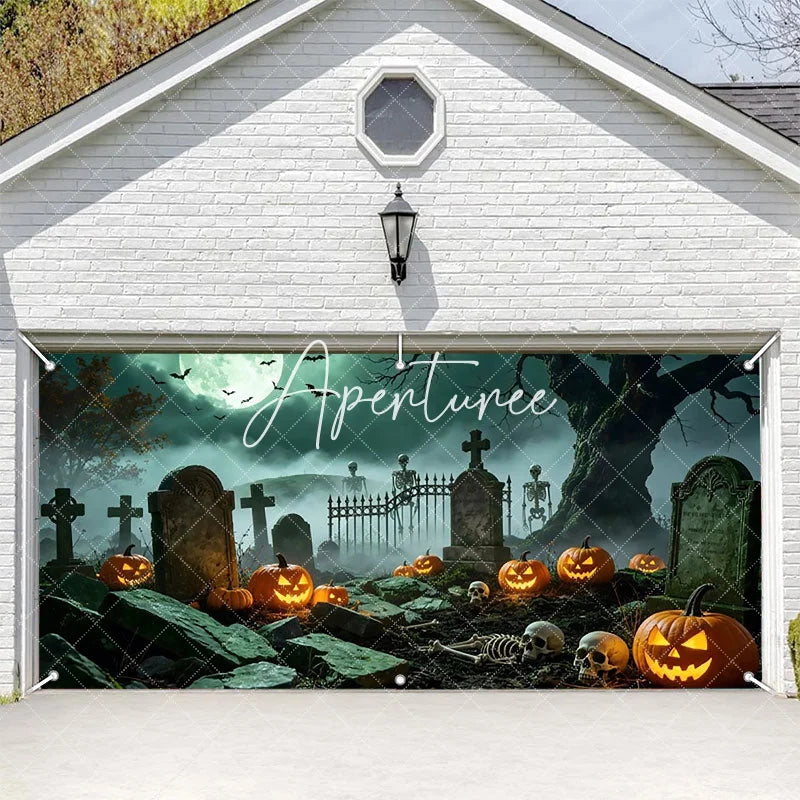 Aperturee - Aperturee Spooky Halloween Graveyard Garage Door Banner with Glowing Jack-o-Lanterns Skeletons and Full Moon