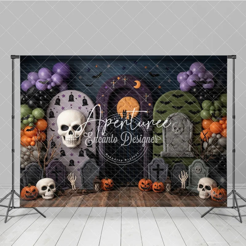Aperturee - Aperturee Spooky Halloween Graveyard Photography Backdrop with Skulls Pumpkins Bats and Purple Balloon Garland for Party Decor