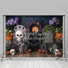 Aperturee - Aperturee Spooky Halloween Graveyard Photography Backdrop with Skulls Pumpkins Bats and Purple Balloon Garland for Party Decor