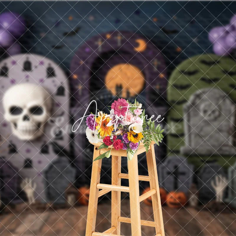 Aperturee - Aperturee Spooky Halloween Graveyard Photography Backdrop with Skulls Pumpkins Bats and Purple Balloon Garland for Party Decor