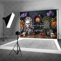 Aperturee - Aperturee Spooky Halloween Graveyard Photography Backdrop with Skulls Pumpkins Bats and Purple Balloon Garland for Party Decor
